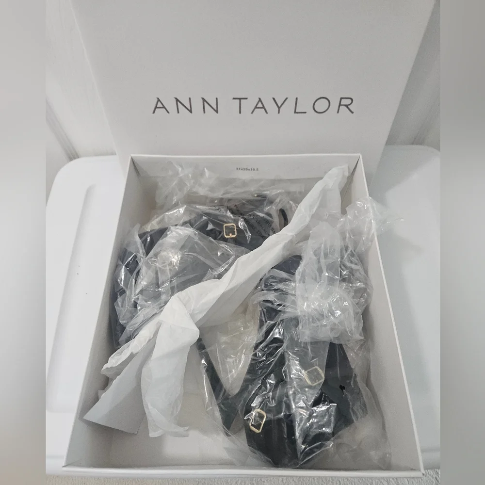 Ann Taylor Black Ankle Booties with Open Toe and Gold Accents - Picture 6 of 6